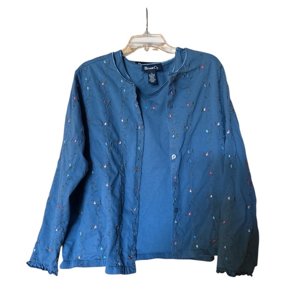 Denim&Co Twin Set Floral Embroidered Knit Cardigan W Tank Blue Plus Sz 1X Cotton - Picture 1 of 11